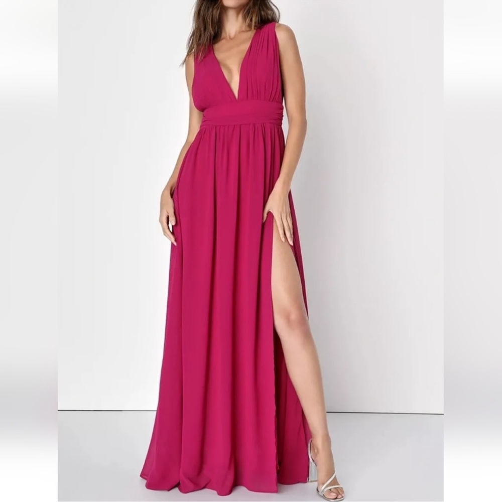 Lulus Magenta Heavenly Hues Deep V Maxi Dress Bridesmaid Gown Chiffon Small
